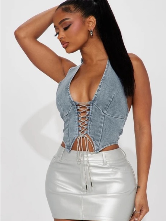 Fashion Nova Tops - Fashion Nova Light Blue Denim Lace-Up Halter Crop Top